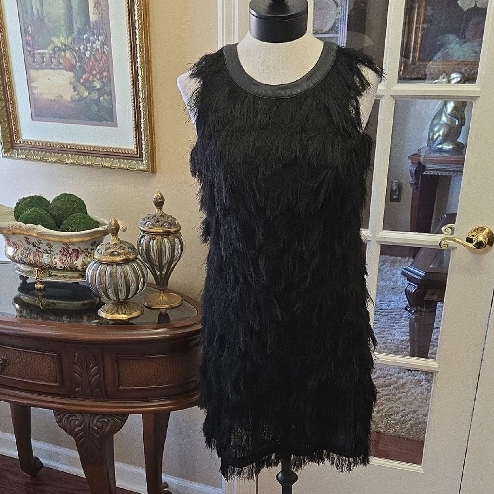 J.O.A. Black Eyelash Fringe Sleeveless Dress Faux Leather Trim Lined Small EUC